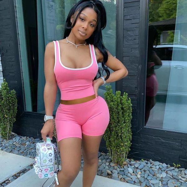 

summer workout active wear matching sets for women casual sporty 2 piece outfits camis crop and biker shorts sets wholesale, Gray