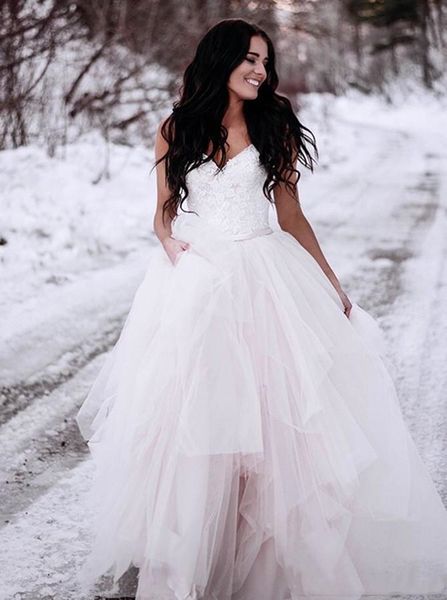 

spaghetti boho puffy wedding dresses a line beads straps backless long country bridal gowns appliques lace beads vestidos de novia, White