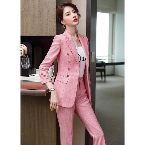

new elegant autumn pink green blue pant suits for women 2 piece set formal blazer jacket trousers office lady plus size 4xl, White
