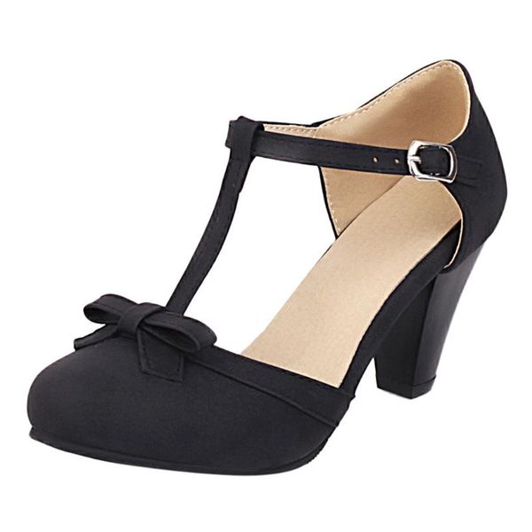 

women's toe cap with large size thick heel t buckle high heels retro square shoes fashion casual belt buckle bow ladies sandals, Black