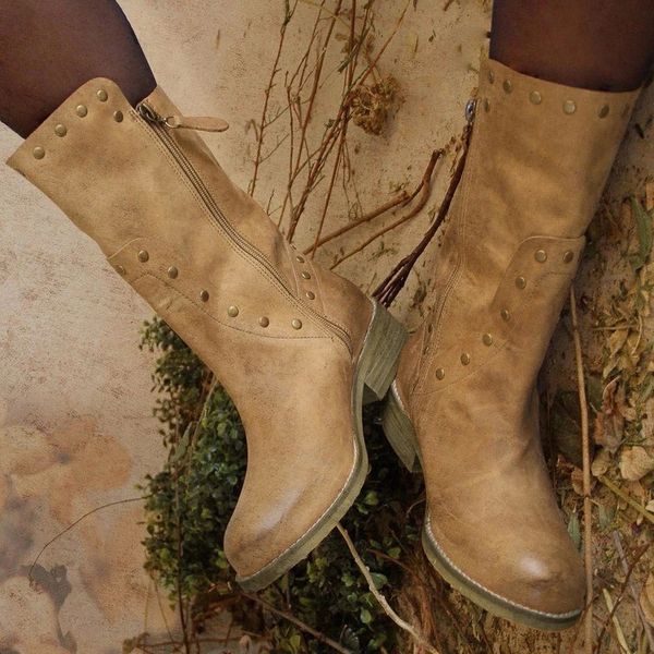 

new retro rivet motorcycle boots women's cowboy boots winter mid-calf knight boot fashion female low heel leather shoes rome #si68, Black