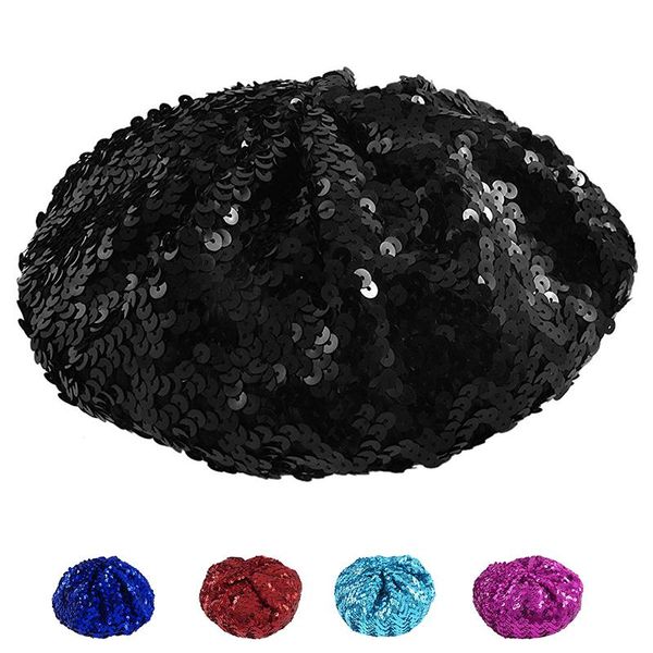 

lady costume stretch sparkly shining sequin beret beanie hat dark blue, Blue;gray