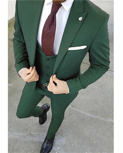 Chegada Nova Groomsmen pico lapela do noivo smoking escuro Green Men ternos de casamento / Prom / Jantar melhor homem Blazer (jaqueta + calça + gravata + Vest) K700
