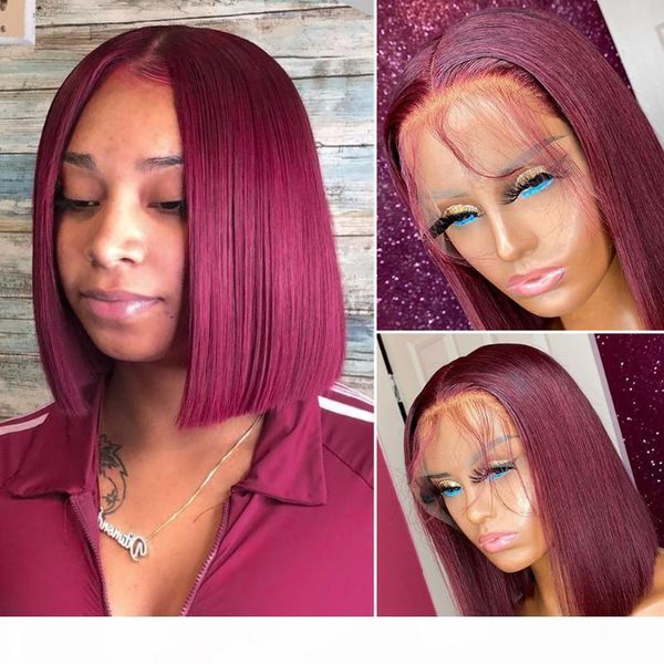 

halo 99j burgundy 13x4 фронта шнурка человеческих волос парики glueless pre щипковых remy прямой бразильский красный короткий боб парик для, Black;brown