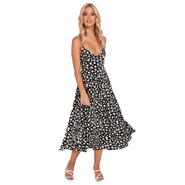 

casual dresses bohemian v-neck suspender print beach dress women, Black;gray