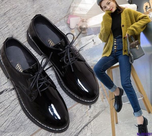 

spring and autumn new british wind brock female retro single shoes students with black small shoes women bright leather matte