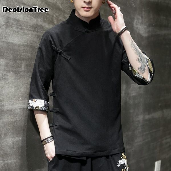 

2020 chinese style hanfu t shirt men's full sleeve linen tee cotton loose blouse traditional tang suit blouse, Red