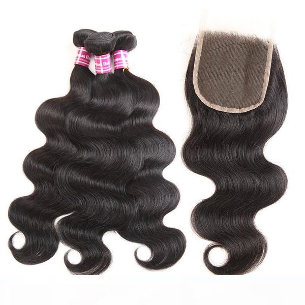 

2018 4x4 lace closure with 3 bundles brazilian virgin hair weave body wave unprocessed brazilian human hair extensions, Black;brown