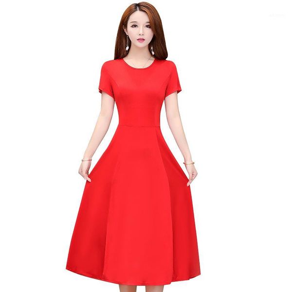 

new arrival 2020 fashion style mid-calf dresses short sleeve elegant women vestidos party long a-line dress1, Black;gray