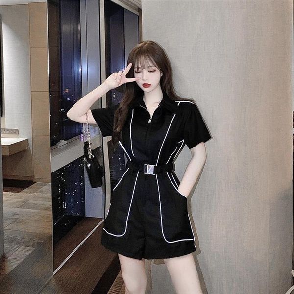 

2020 new summer women patchwork short sleeve casual jumpsuits female black fashion overalls romper lace up playsuit t40, Black;white