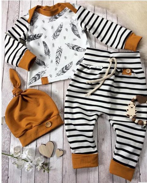 

baby newborn baby boy girl clothes feather t shirt striped pants clothes outfits 3pcs set brown z70, White