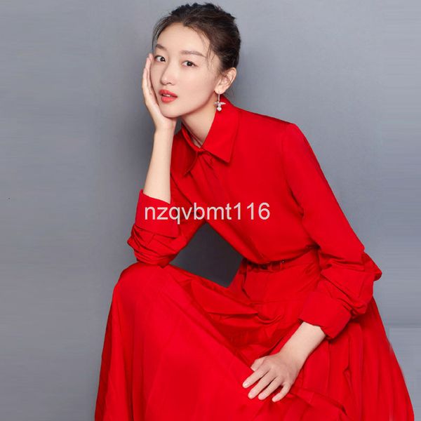 

casual dresses zhou dongyu's same autumn women's dress lapel long sleeve hem crimp double oblique bag red, Black;gray