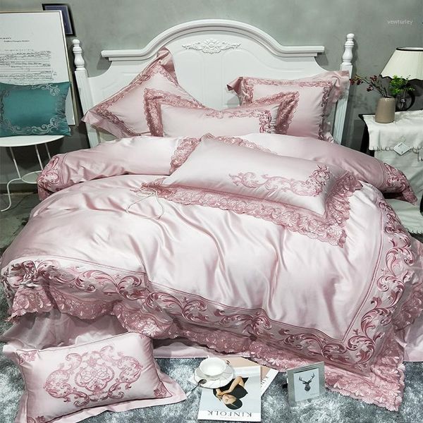

38golden pink 100s egyptian cotton luxury royal bedding set king  size duvet cover embroidery bedlinen bed sheets linen set1