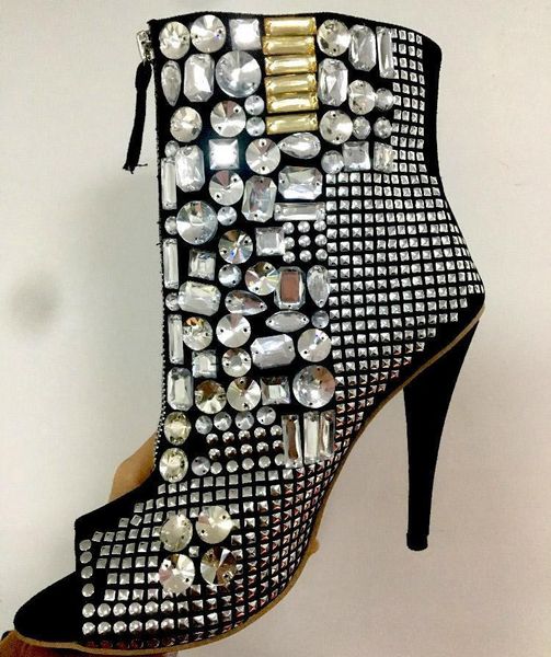

new open toe bling rhinestones spike high heels ankle boots real pictures zipper-up short glitter crystal gladiator boots1, Black
