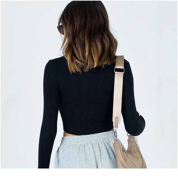 

nadafair zipper ribbed knitting black t shirt 2020 autumn long sleeve crop women club tee lady bbyxpn, White