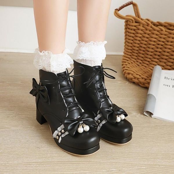 

us4-12 женщин сладкая лолита ботильоны кружева bowknot pearls блок пятки плюс размер косплей 3colors, Black