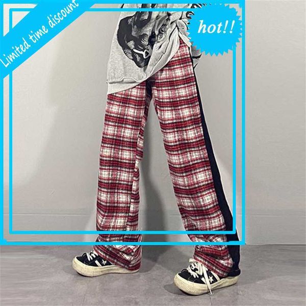 

street plaid loose straight casual pants men and women wide leg high waist checkered baggy trousers, Black