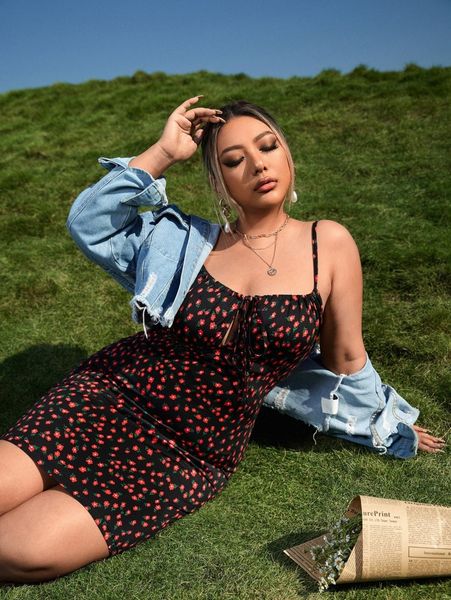 

plus ditsy floral print tie front cami dress b0pb#, Black