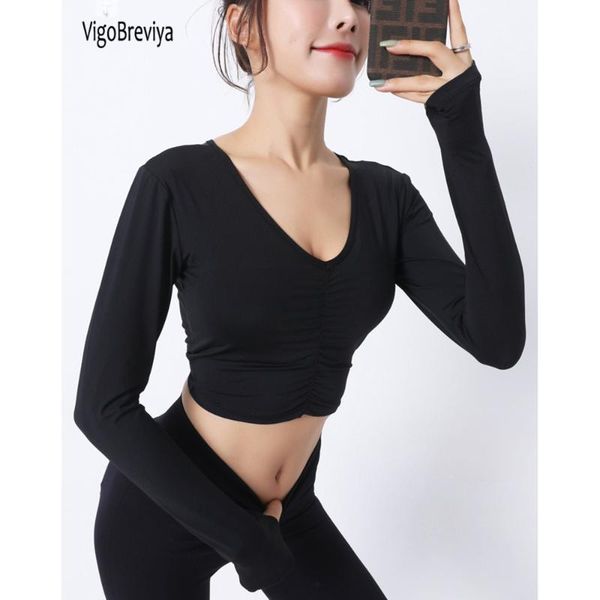 

yoga outfits vigobreviya v neck shirts women 2021 full sleeve sports t-shirt female gym running workout short shirt sportwear, White;red