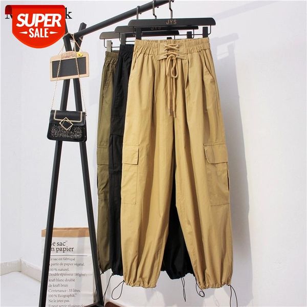 

autumn high waist harem pants women casual streetwear woman pants solid cargo elastic trousers women femme pantalon 10661 #y99y, Black;white