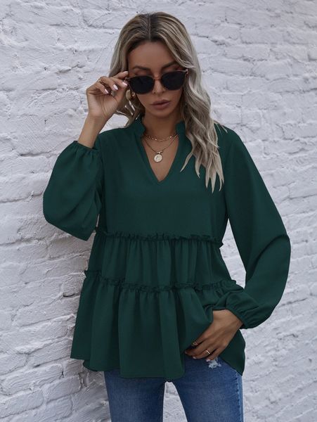 

solid notched neck frill ruffle hem blouse x7qa#, White