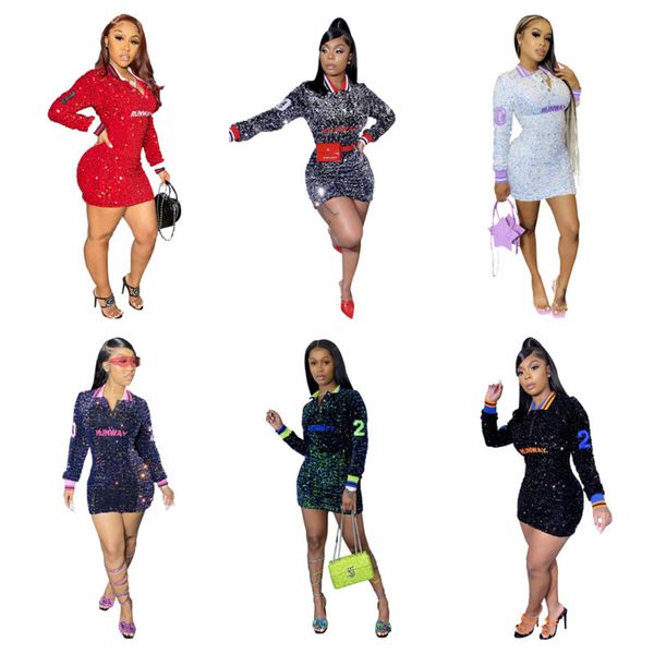 

women long sleeve glitter v neck dress bodycon sequins mini dress ladies night club dresses fashion letters tight dresses skirts g12605, White