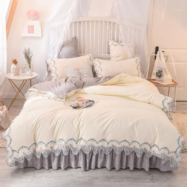 

bedding sets korean style fitted bed sheet lace duvet cover set washed cotton 3/4pcs 1.2m 1.5m 1.8m 2.0m home pink blue girls1