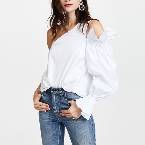 

fashion off shoulder women blouse 2020 autumn unique skew collar female clothes classical white black flare sleeves1