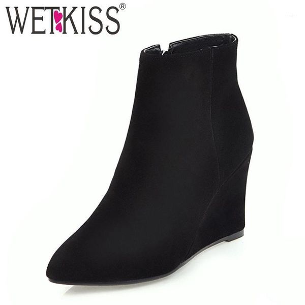 

boots wetkiss high heels ankle women cow suede pointed toe winter fashion ladies shoes autumn wedges short plush footwear1, Black