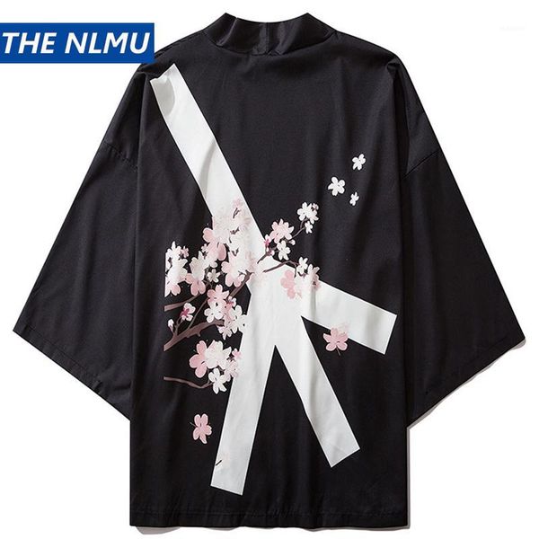 

2020 new japanese kimono jacket peace sign floral harajuku hip hop men japan streetwear thin summer jacket loose kimonos ht0351, Black;brown