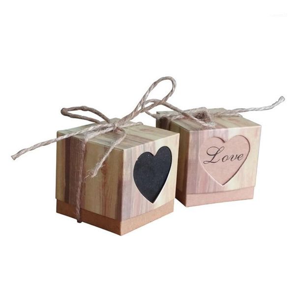 

100 packs gift box diy kraft paper love candy box wood grain heart-shaped hollow candy1