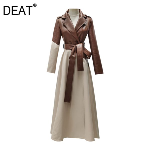 

[deat] new autumn winter fashion pu leather trench coat slim with belt elegant women clothing hit color long length ht190 201030, Black