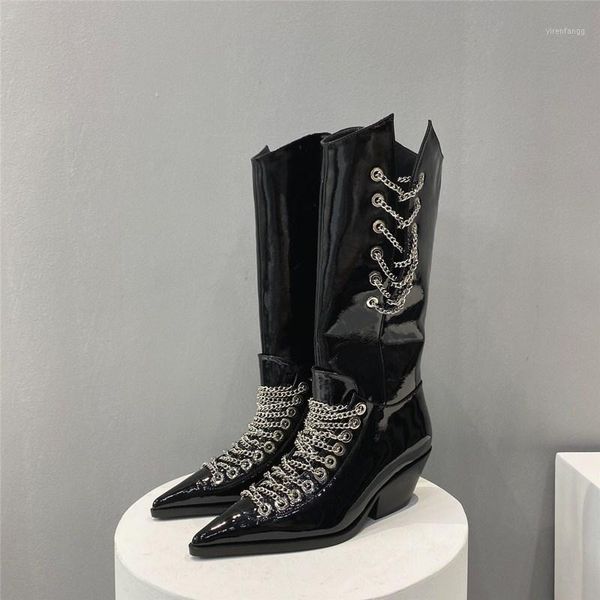 

[deat] 2020 pointed toe metal chain black pu leather single shoes women cool boots new spring summer fashion tide sg9741