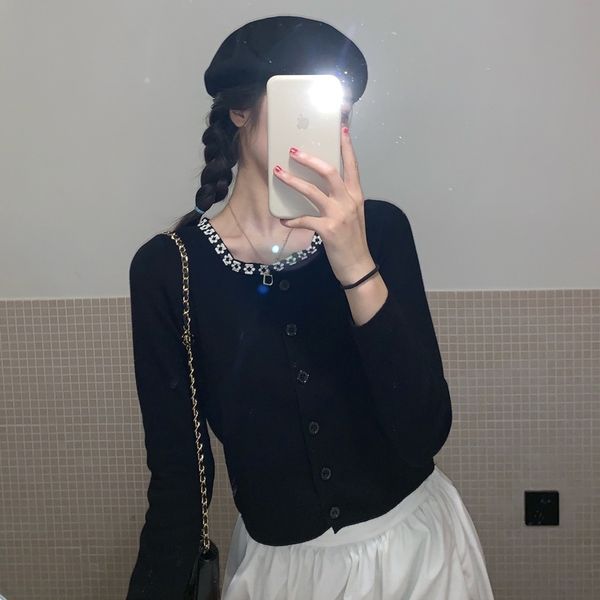 

0urul 2020 women's sweater spring and autumn versatile knitted sweater women's long sleeve slim cardigan tigkx, White;black