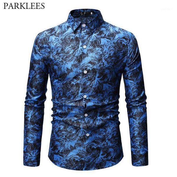 

floral printed blue shirt men 2020 brand new slim fit long sleeve dress shirts mens casual party social clothing 3xl1, White;black