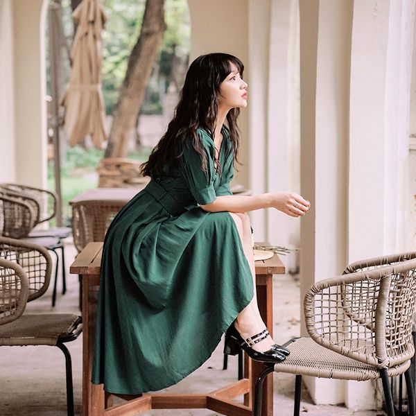 

vintage 2021 summer short sleeve long women's dress with cleavage in mid-calf fit and enlargement empire cotton office lady green rfrd, Black;gray