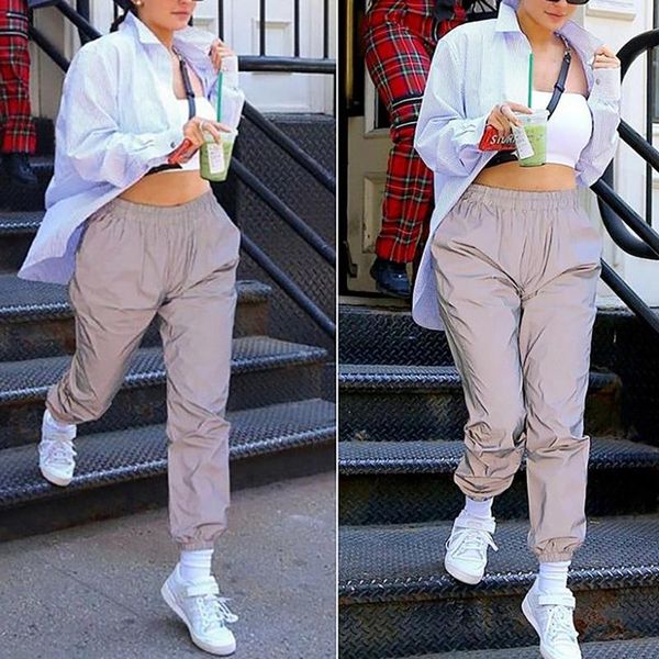 

women's new leggings all-match reflective stretch casual pants women's gray, Black;white