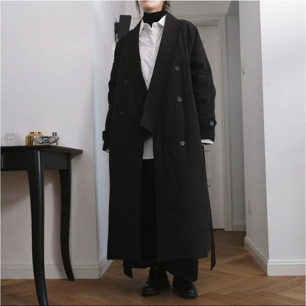 

winter new japanese design dark wind cotton jacket v-neck tie wide loose silhouette thick long coat women1, Black