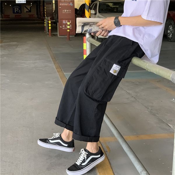 

big pocket overalls men's summer thin straight casual lovers street trend pants, Black