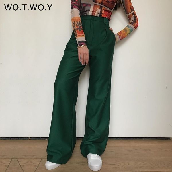

wotwoy high waist full length wide leg pants women casual solid loose trousers women pockets cotton mujer pantalones femme 201031, Black;white