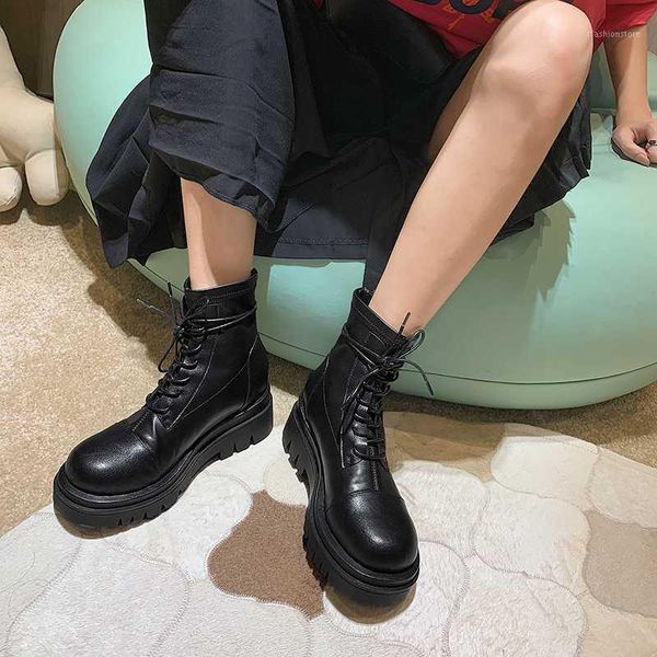 

boots retro women motorcycle platform shoes woman cross tied night club working chunky heels ankle large size 41 42 431, Black