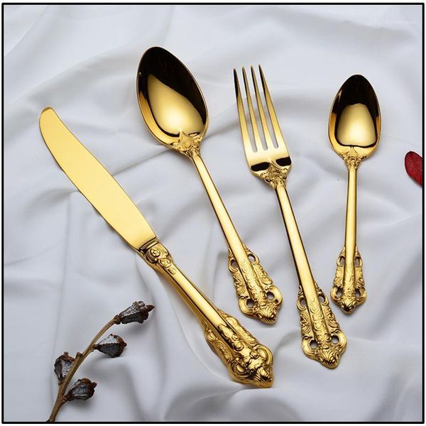 

flatware set retro cutlery set 1/2/6/12/24 pcs 304 stainless steel golden metal knife fork dinner western wedding silverware1