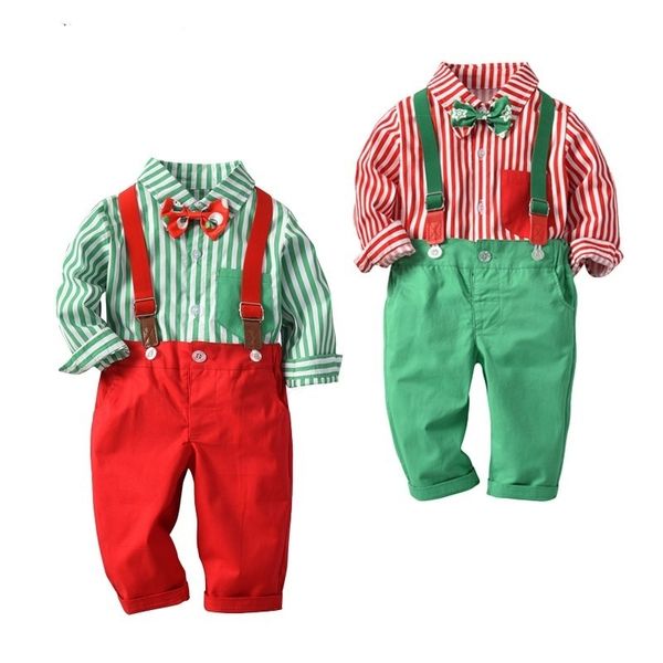 Wasailong Kids Baby Boys Set di abbigliamento natalizio Camicia a maniche lunghe + Pantaloni con bretelle 2 pezzi / set Completi per bambini 12M-4T 201127