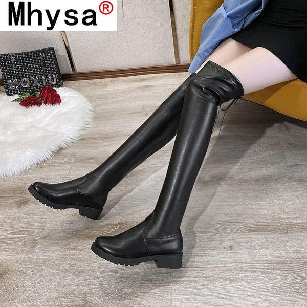 

2020 new leather boots women over-the-knee boots square high heel women shoes platform winter warm plus size 34-43, Black