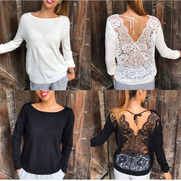 

new women's t-shirt fashion lace stitching open back long sleeve wear, White