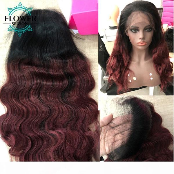 

ombre human hair wig 13x4 lace front wigs brazilian body wave wigs 18inch red ombre colored 130% flowerseason, Black;brown