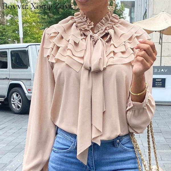 

women solid long sleeve blouse ruffles lace up loose chiffon shirts office lady casual party club, White