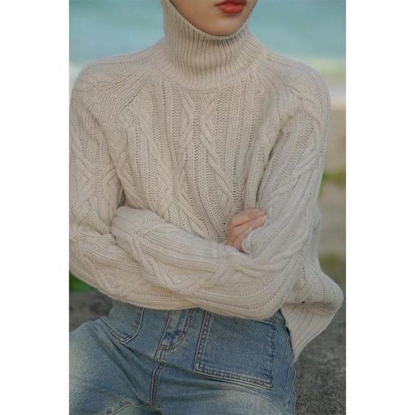 

new retro 2021 twist women's nightgown fall and winter lazy windy sweater wear old high-neck thick coat w624, White;black