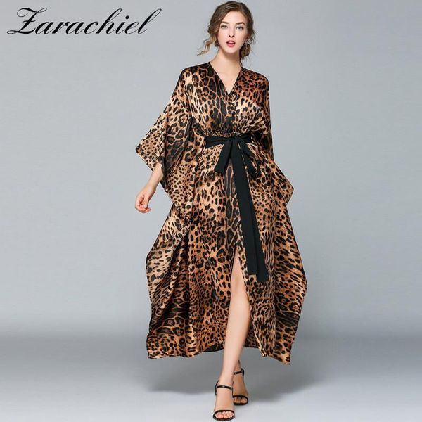 

2020 summer satin leopard print party dress women batwing sleeve v neck elastic waist split irregular maxi dress with belt, Black;gray