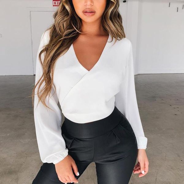 

blusas mujer de moda 2020 fashion women tie-back blouse deep v neck long sleeve blouses cutout shirt white#p30, White